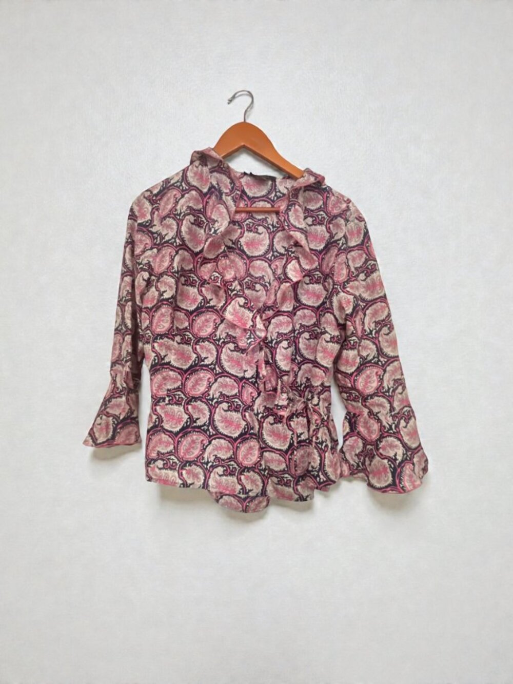 Etcetera 100% Silk Pink Paisley Wrap Double Tie Ruffle Neck Sleeve Blouse Sz 14
